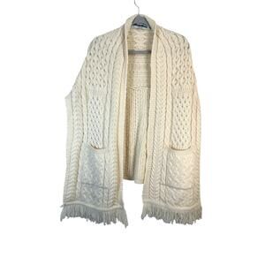 Aran Crafts One Size Merino Wool Cableknit Fisherman Shaw Cream Open Side